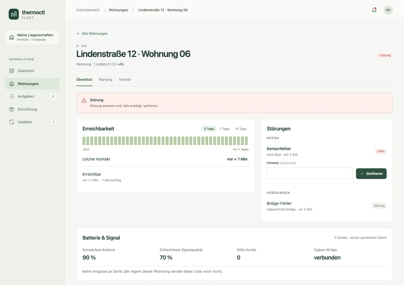 Wohnungsdetails mit Störung und Erreichbarkeit